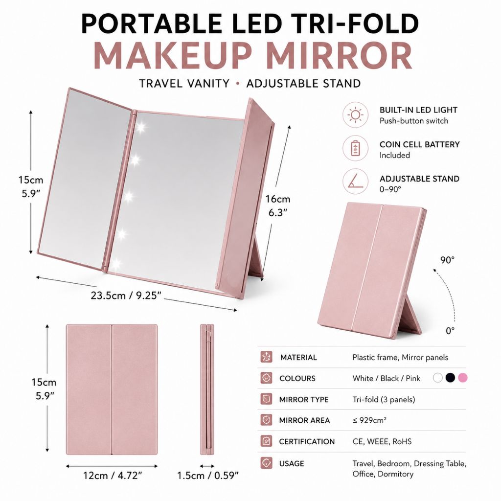 Portable LED Tri-Fold Makeup Mirror Travel Vanity Adjustable Stand