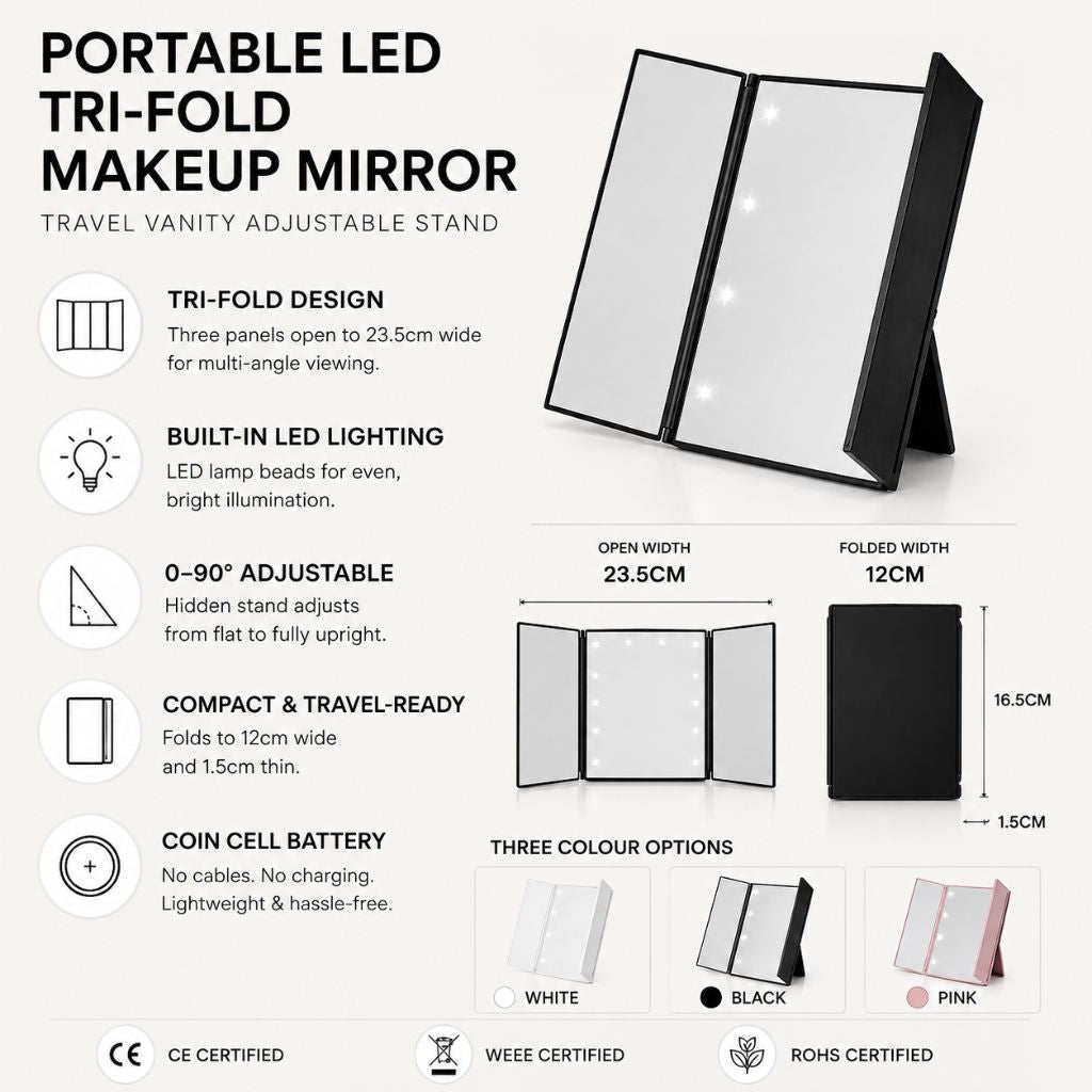 Portable LED Tri-Fold Makeup Mirror Travel Vanity Adjustable Stand
