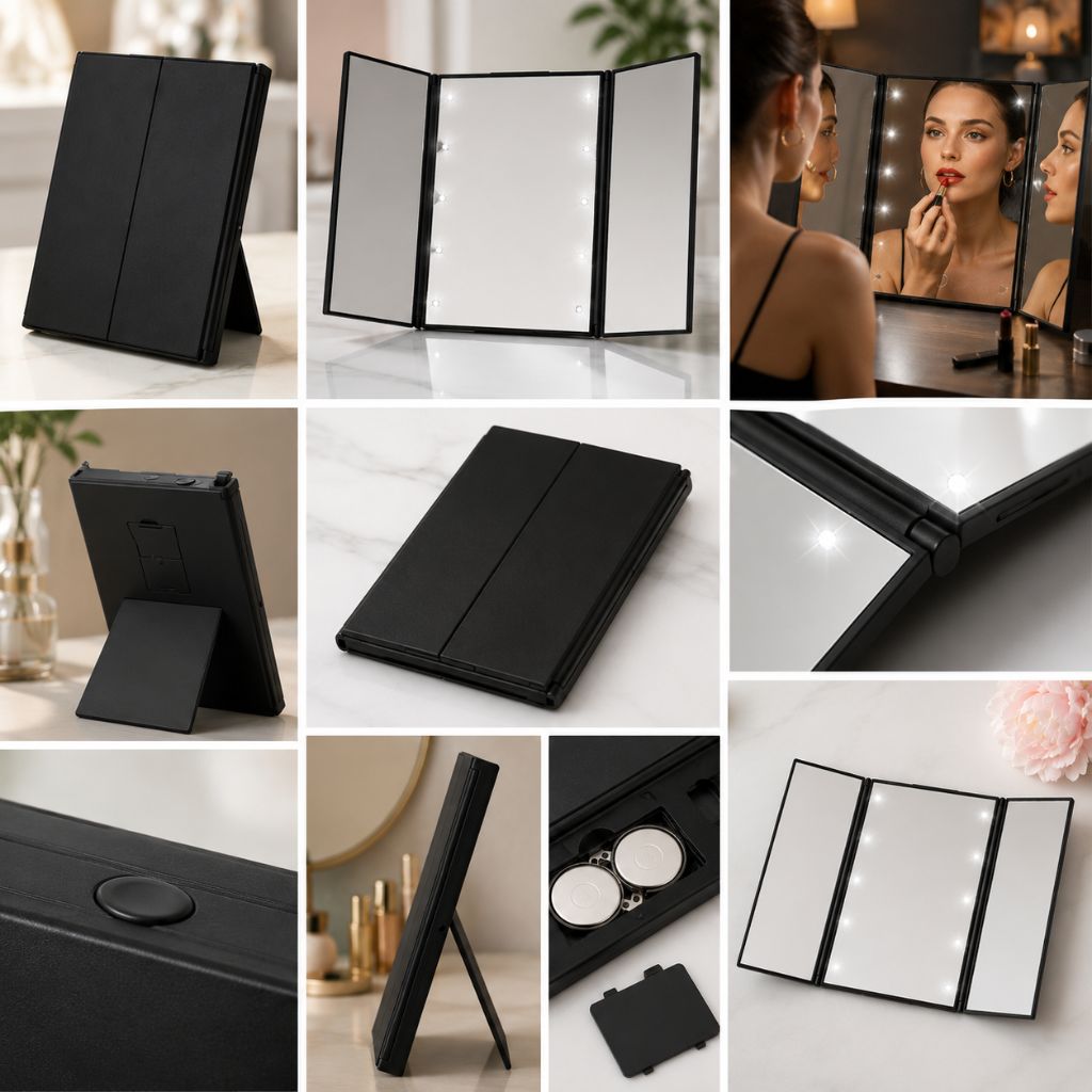 Portable LED Tri-Fold Makeup Mirror Travel Vanity Adjustable Stand