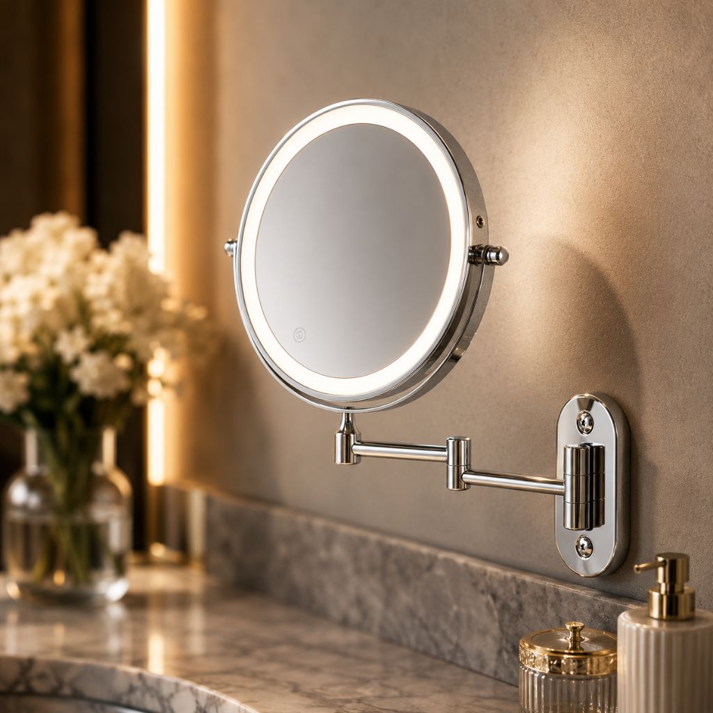 Rechargeable Silver LED Mirror – Adjustable Lighting & Magnification