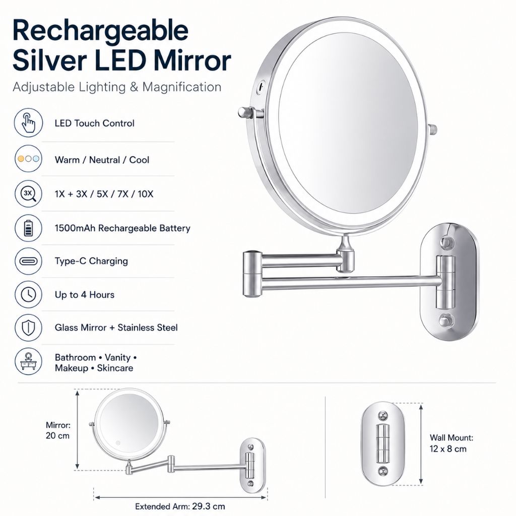 Rechargeable Silver LED Mirror – Adjustable Lighting & Magnification