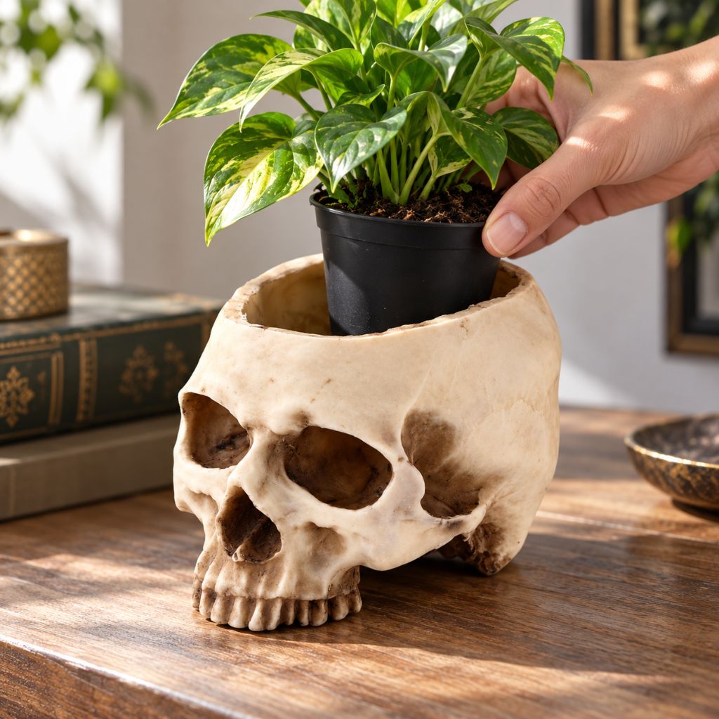 Resin Skull Planter for Gothic and Halloween Decor