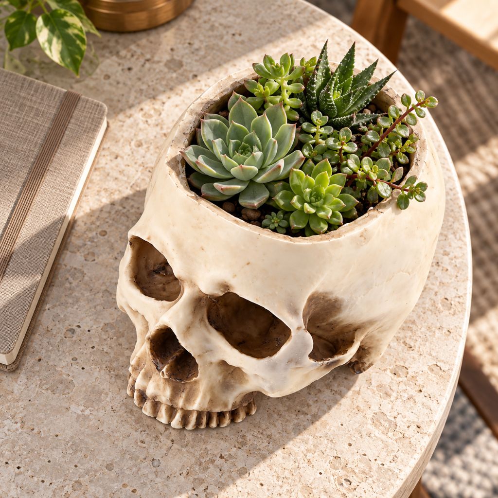 Resin Skull Planter for Gothic and Halloween Decor