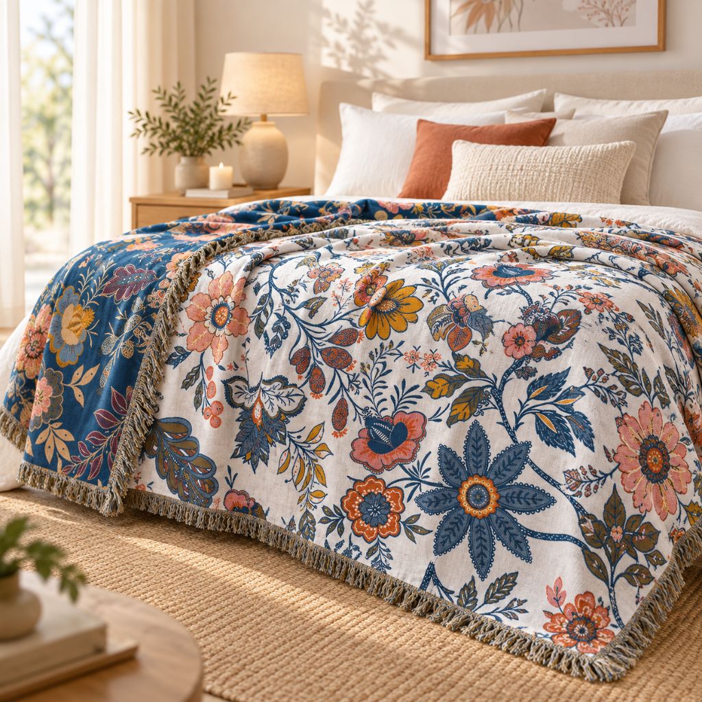 Reversible Floral Cotton Jacquard Throw Blanket