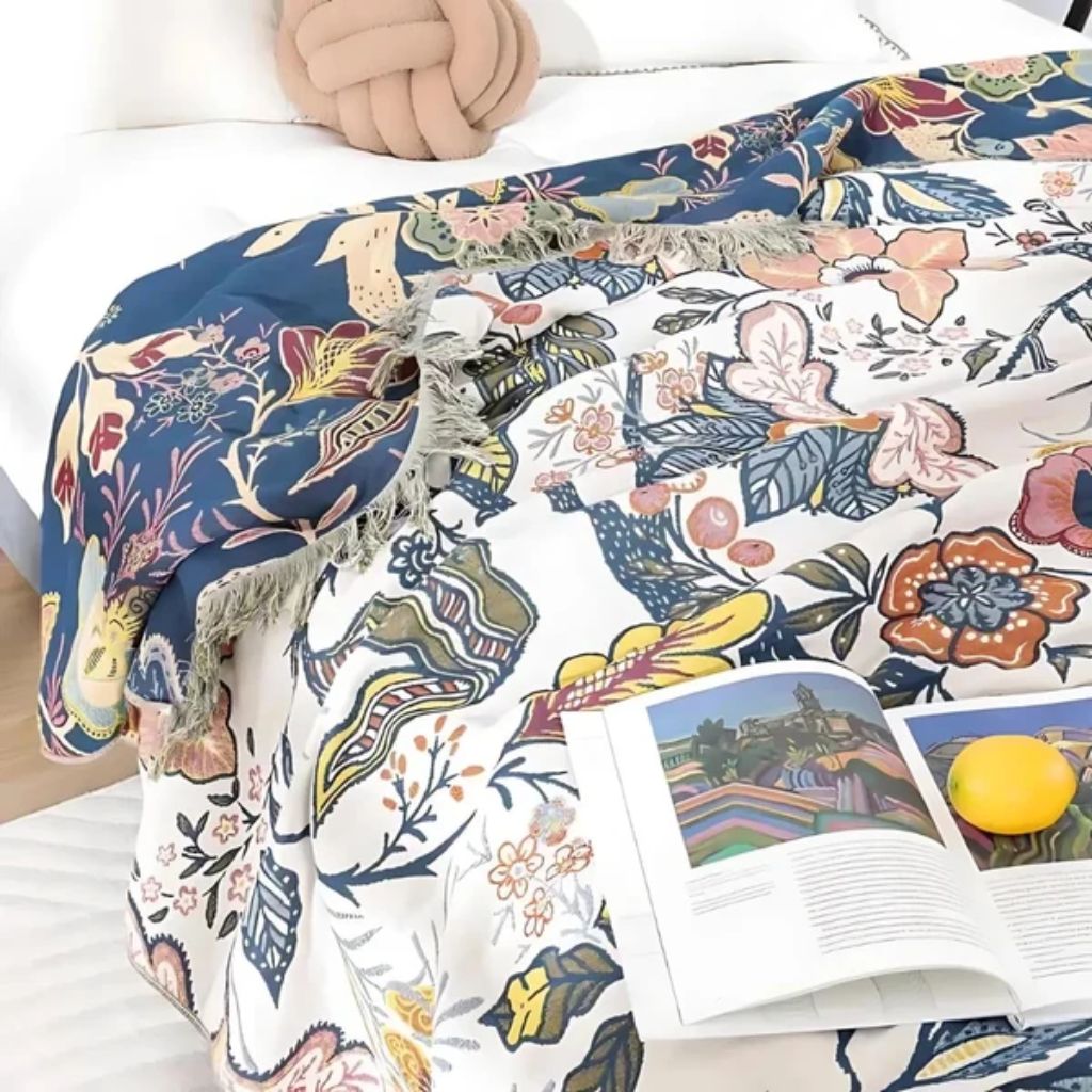 Reversible Floral Cotton Jacquard Throw Blanket