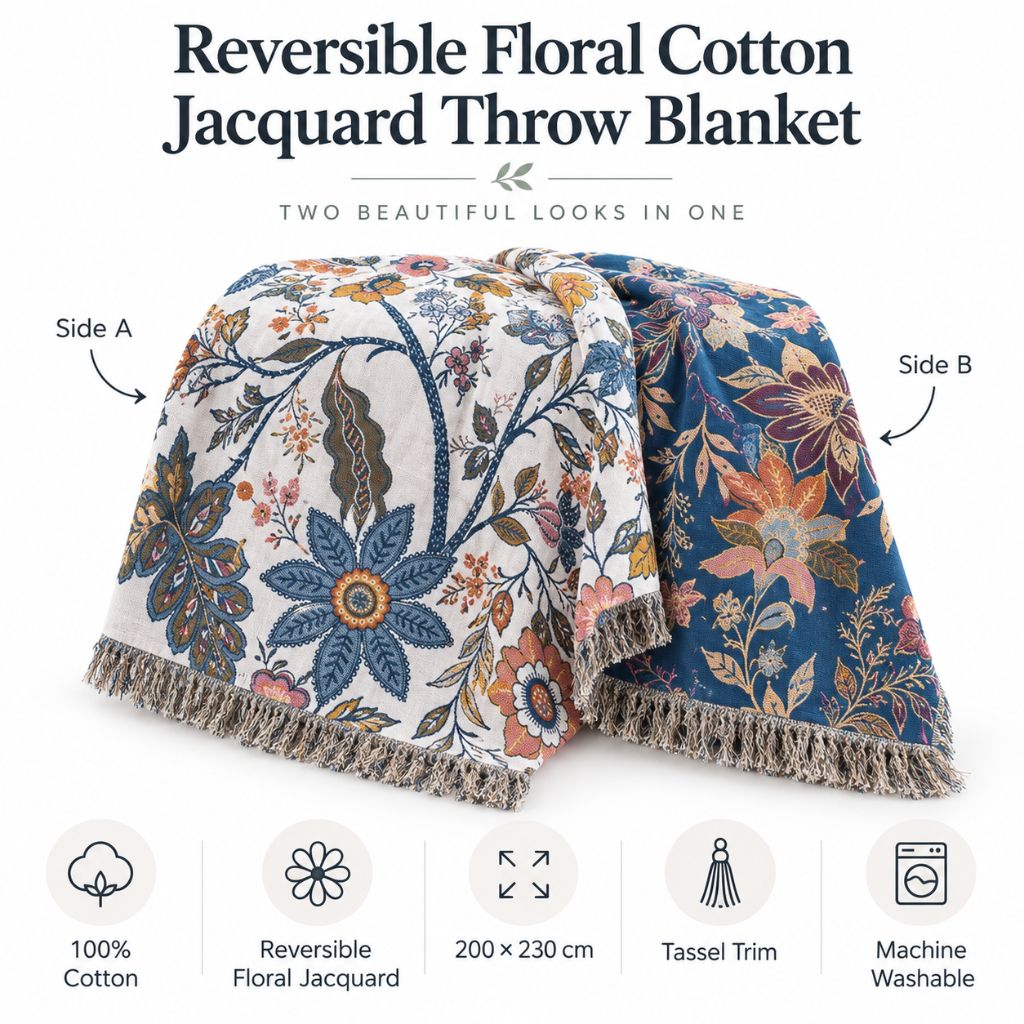 Reversible Floral Cotton Jacquard Throw Blanket