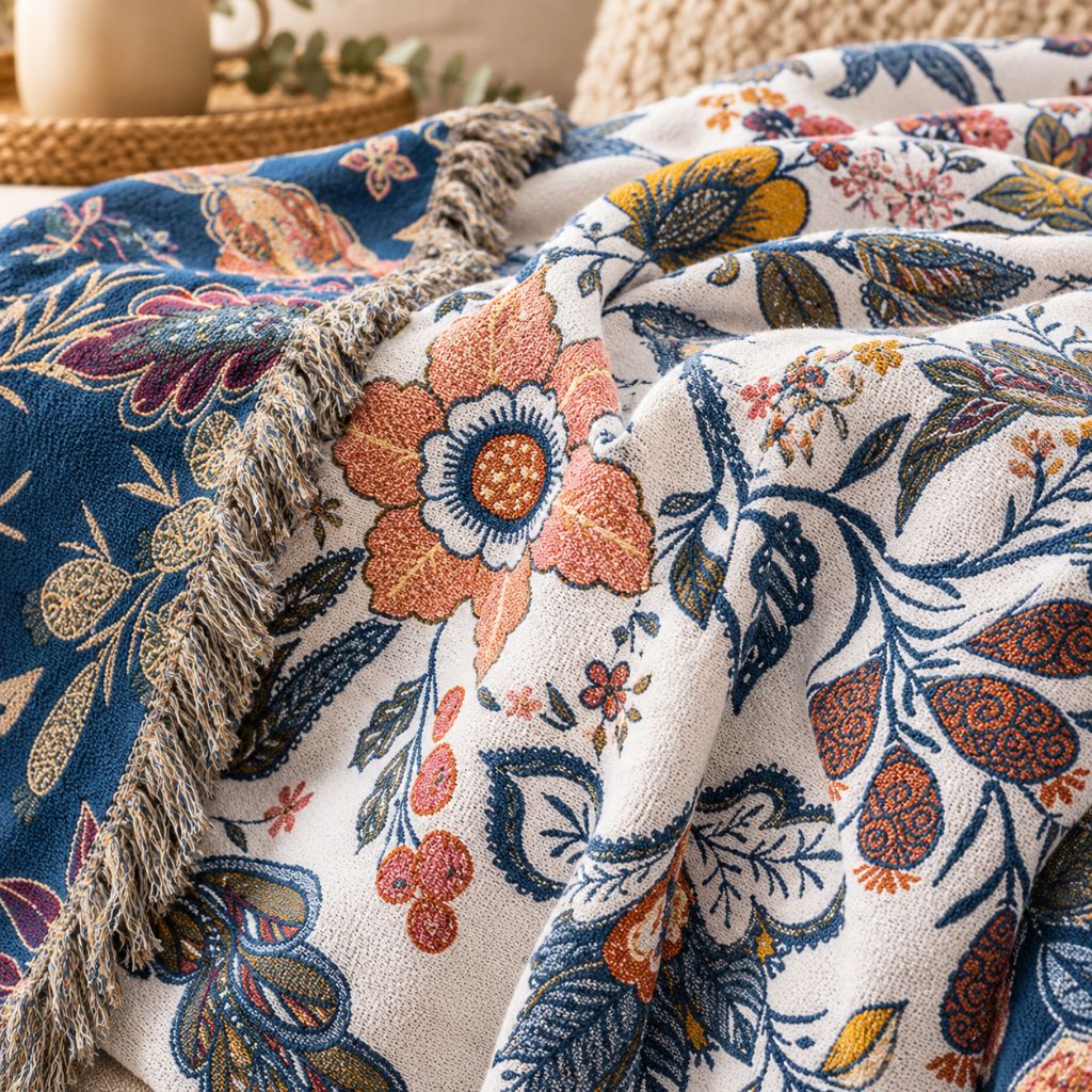 Reversible Floral Cotton Jacquard Throw Blanket