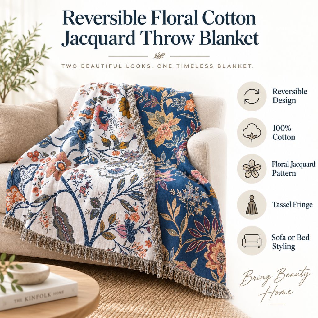 Reversible Floral Cotton Jacquard Throw Blanket