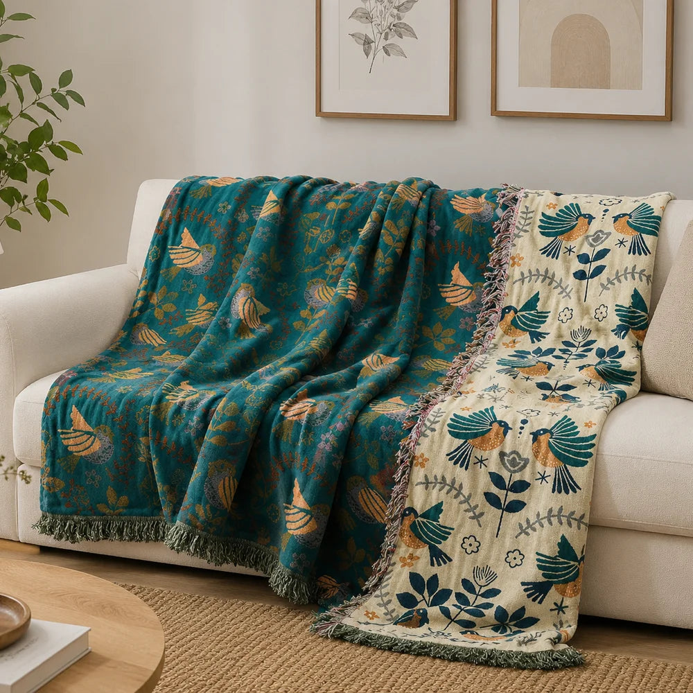 Reversible nordic bird cotton throw blanket fringed edges