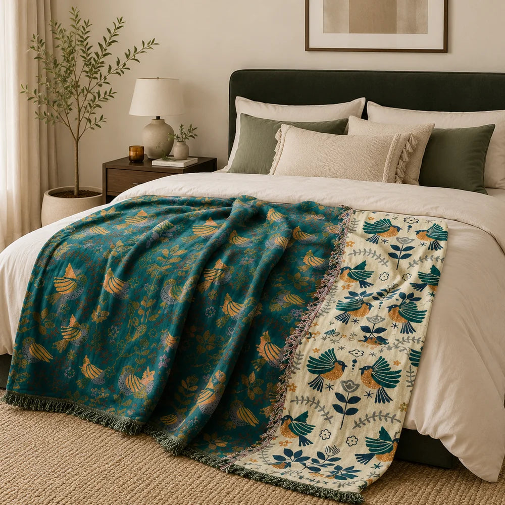 Reversible nordic bird cotton throw blanket fringed edges – view 2