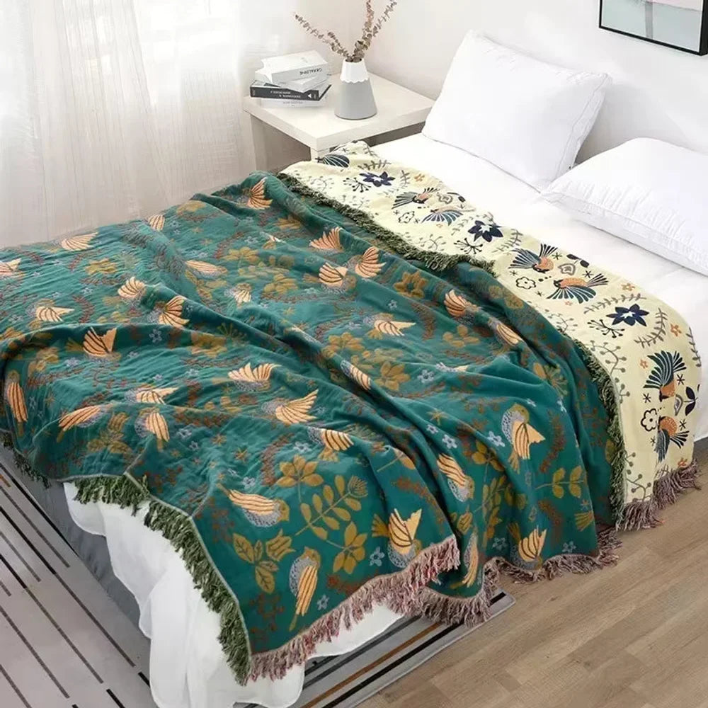 Reversible nordic bird cotton throw blanket fringed edges – view 3