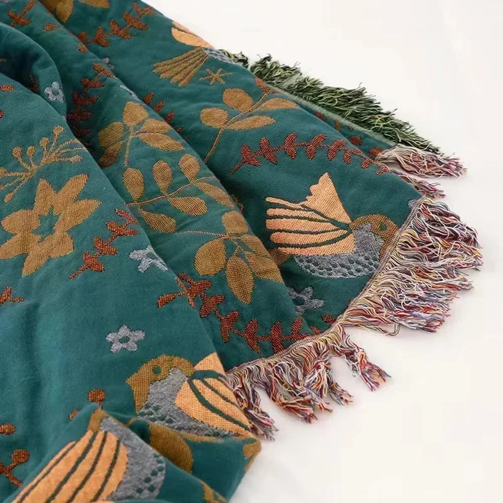 Reversible nordic bird cotton throw blanket fringed edges – view 5