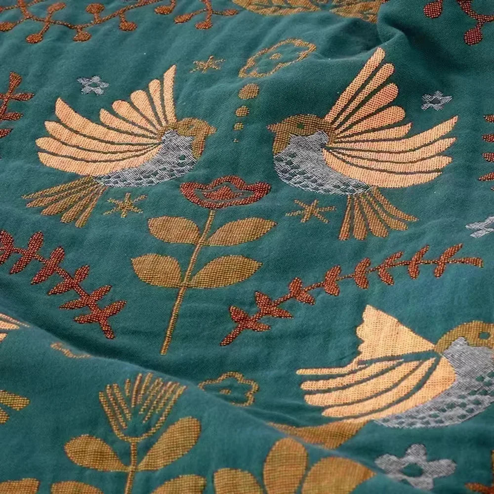 Reversible nordic bird cotton throw blanket fringed edges – view 6