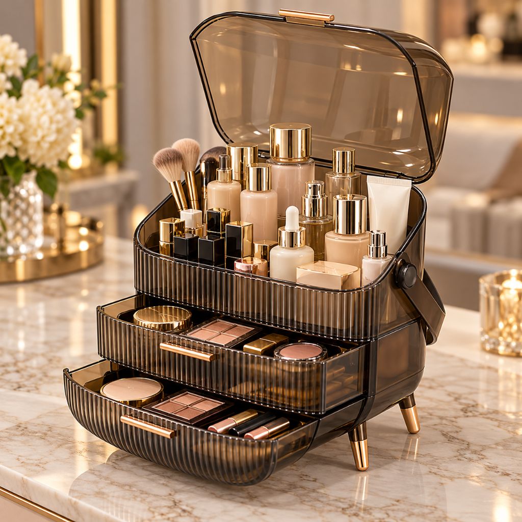 Ribbed Makeup Organiser with Dust Cover and Two Drawers