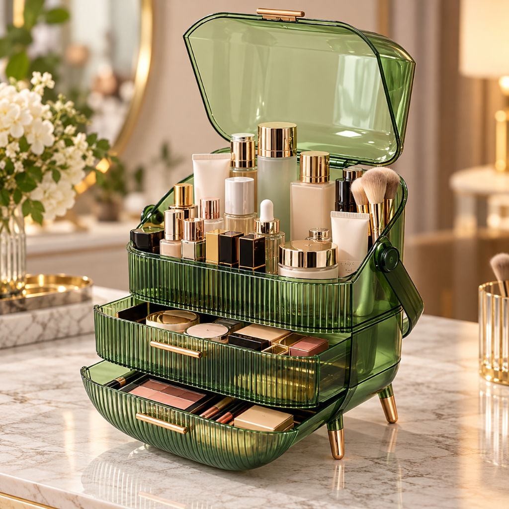Ribbed Makeup Organiser with Dust Cover and Two Drawers