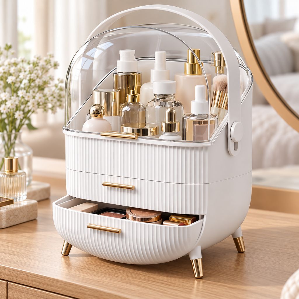 Ribbed Makeup Organiser with Dust Cover and Two Drawers