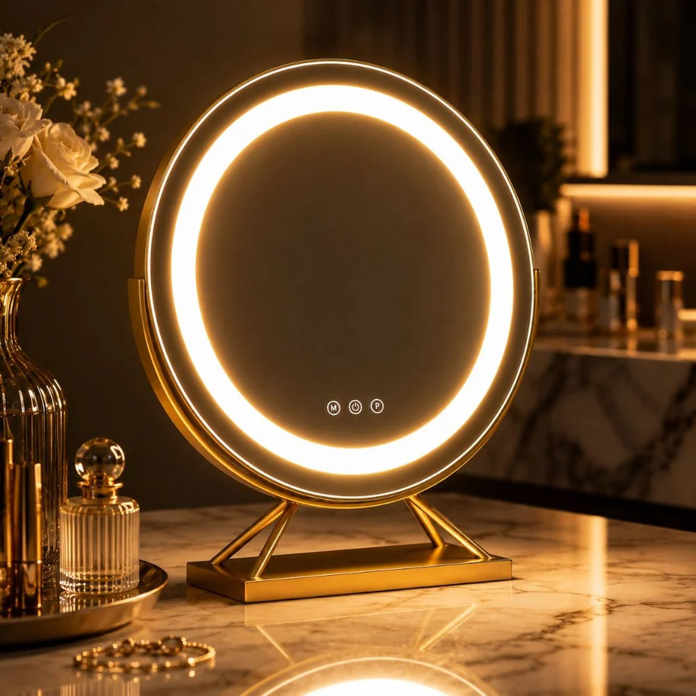 Round lighted vanity makeup mirror led dimmable 15x magnifying