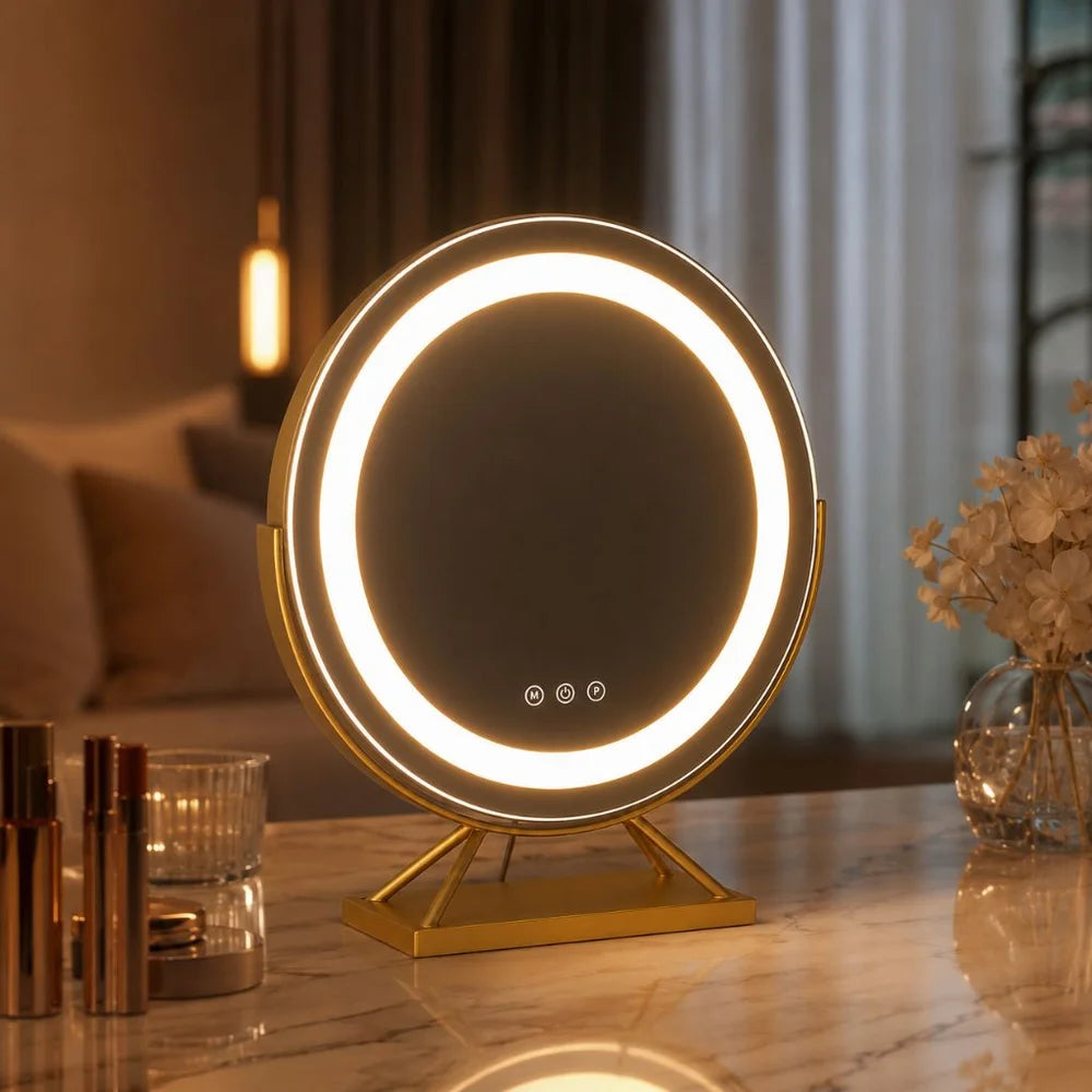 Round lighted vanity makeup mirror led dimmable 15x magnifying – view 2