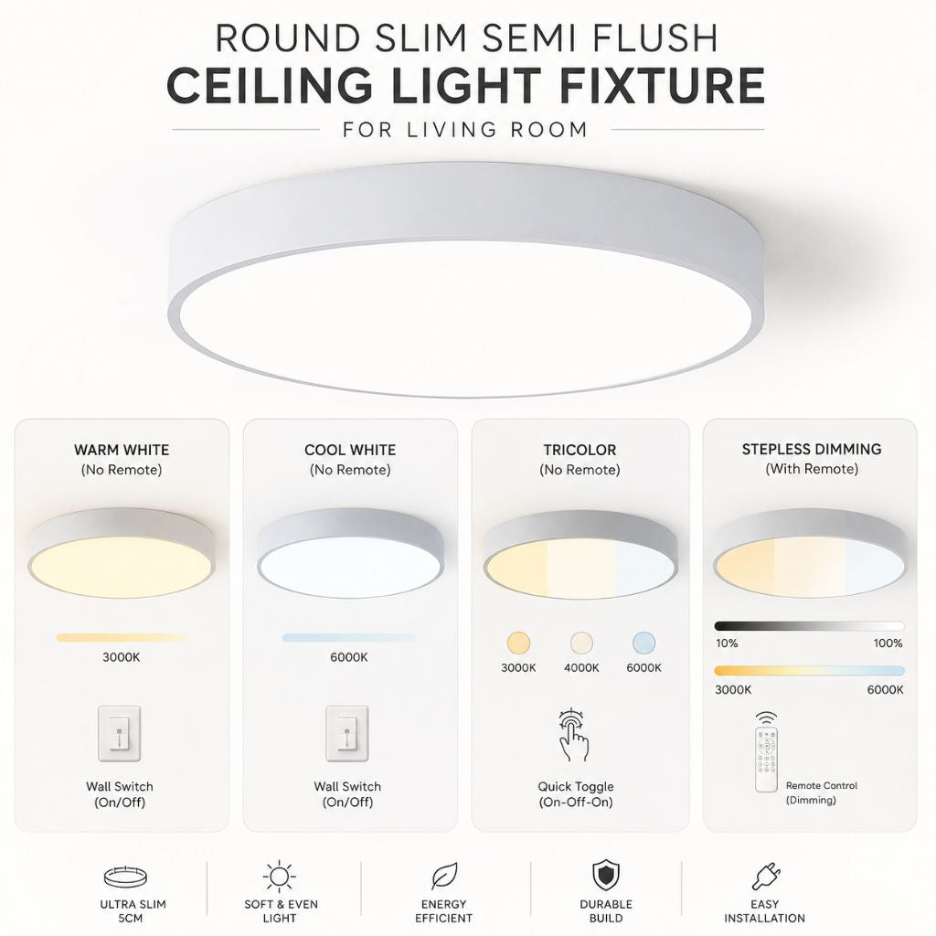 Round Slim Semi Flush Ceiling Light Fixture For Living Room