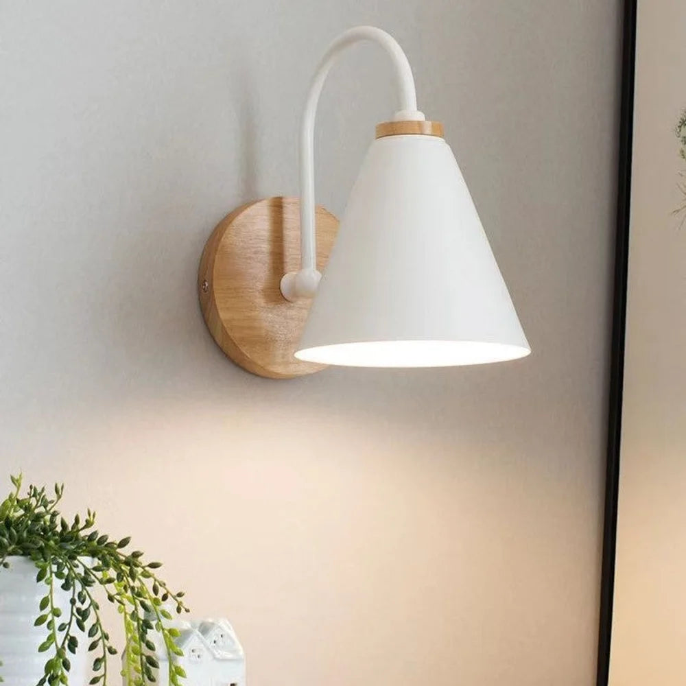 Scandinavian cone shade curved arm wooden wall sconce – view 2