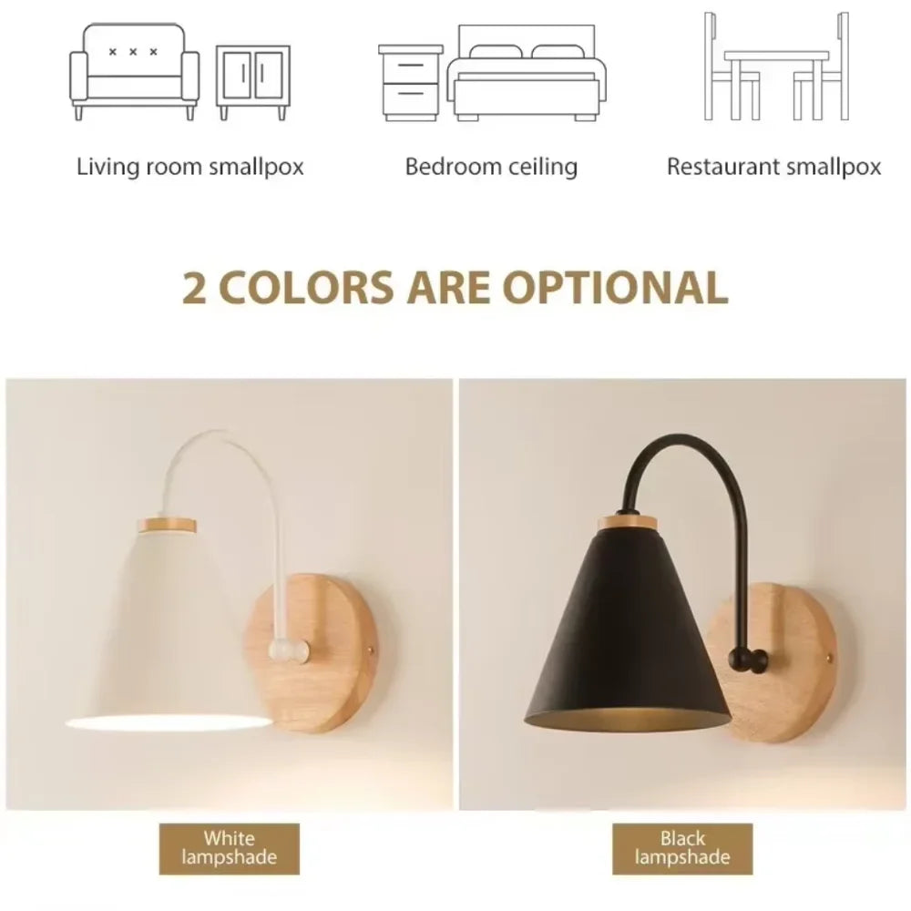 Scandinavian cone shade curved arm wooden wall sconce – view 6