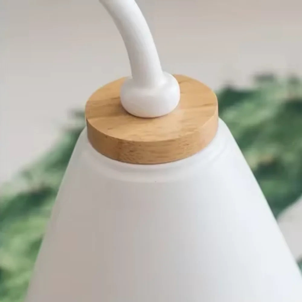 Scandinavian cone shade curved arm wooden wall sconce – view 7