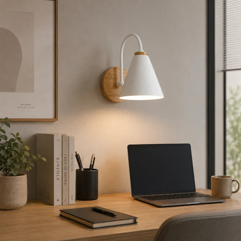 Scandinavian cone shade curved arm wooden wall sconce – view 9