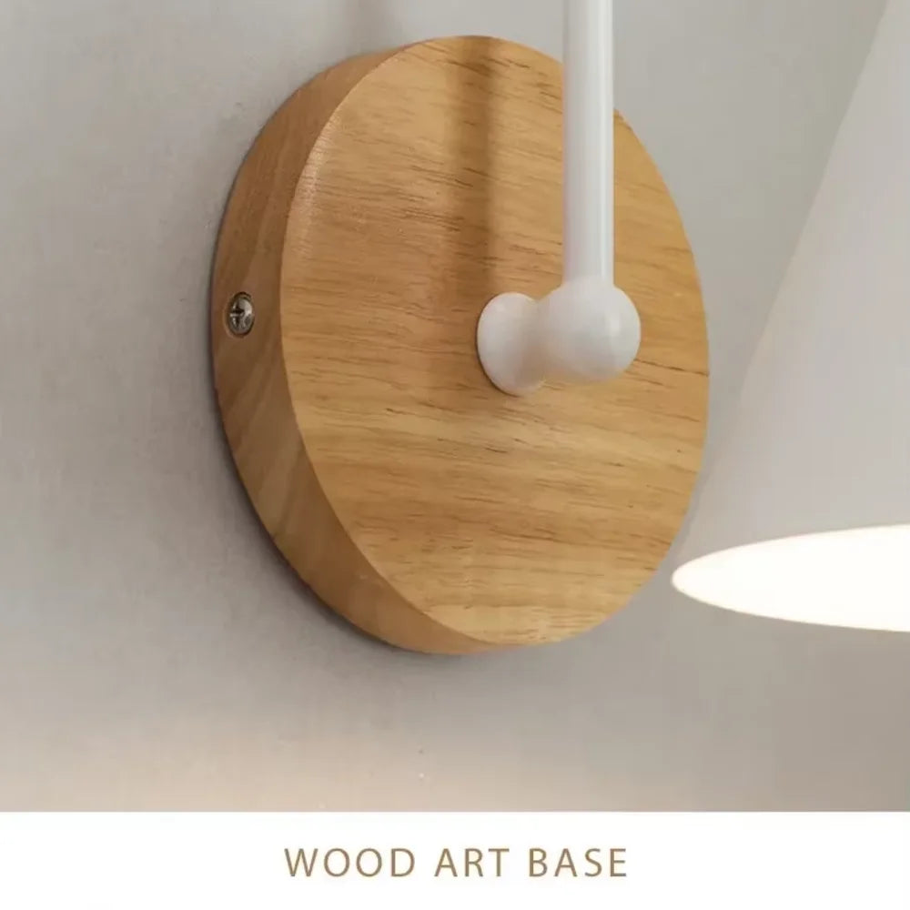 Scandinavian cone shade curved arm wooden wall sconce – view 11
