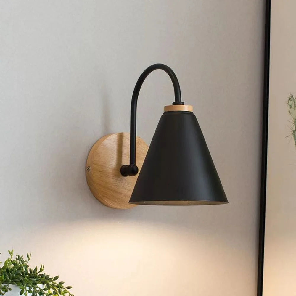 Scandinavian cone shade curved arm wooden wall sconce – view 13