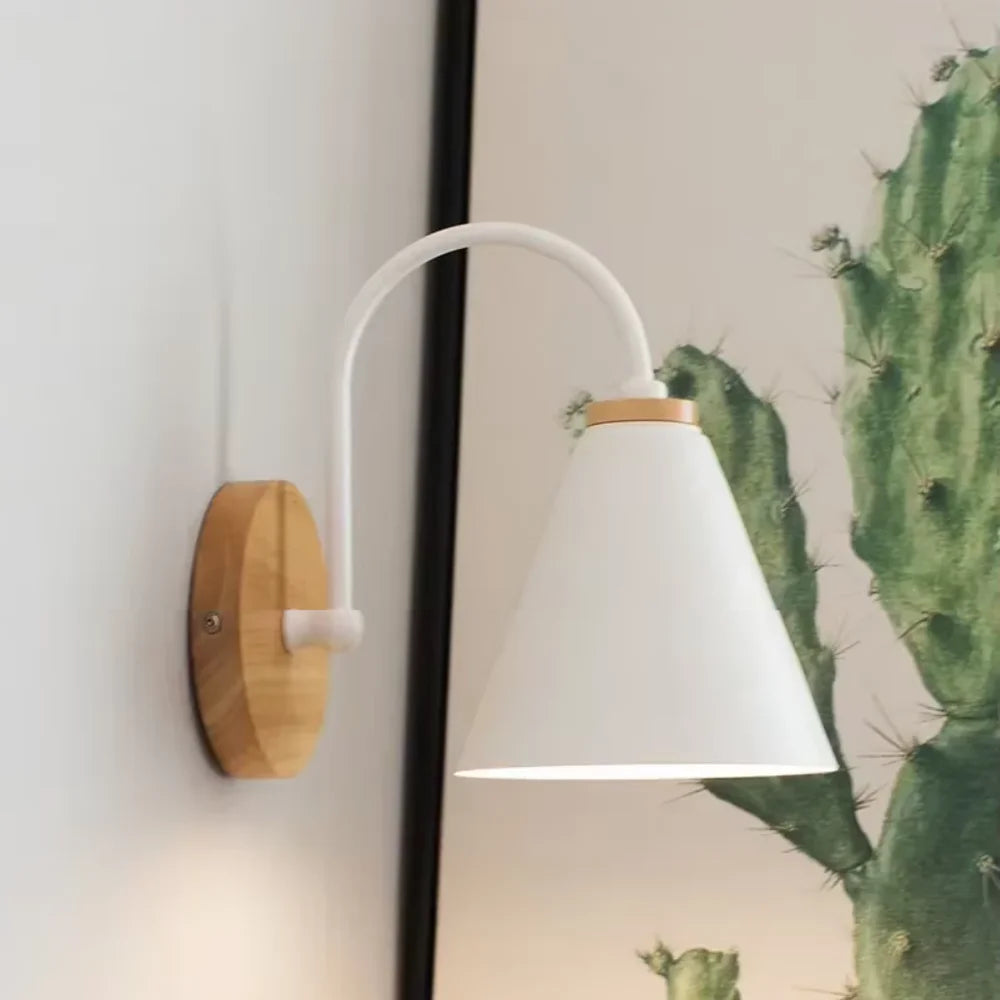 Scandinavian cone shade curved arm wooden wall sconce – view 15