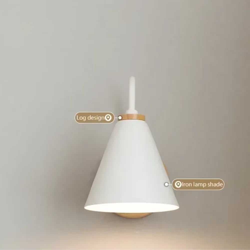 Scandinavian cone shade curved arm wooden wall sconce – view 16