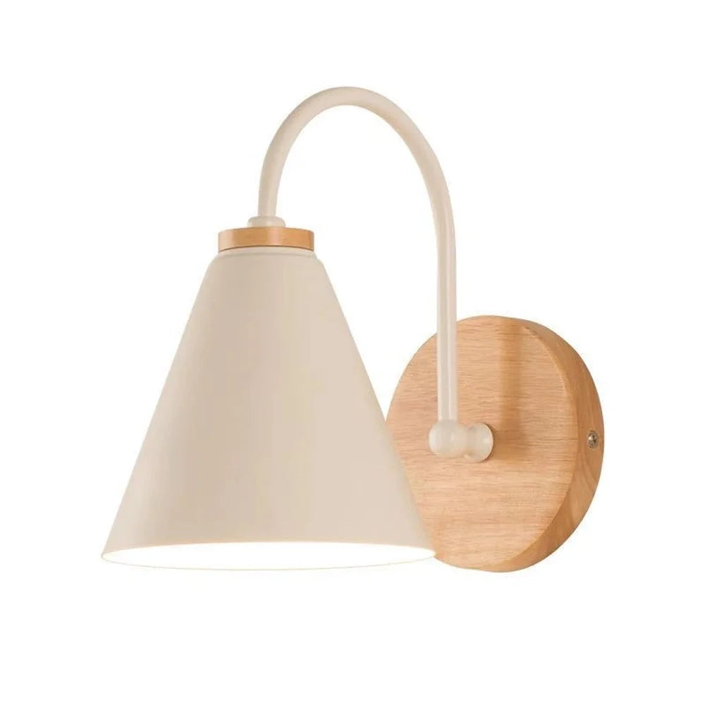 Scandinavian cone shade curved arm wooden wall sconce – view 17