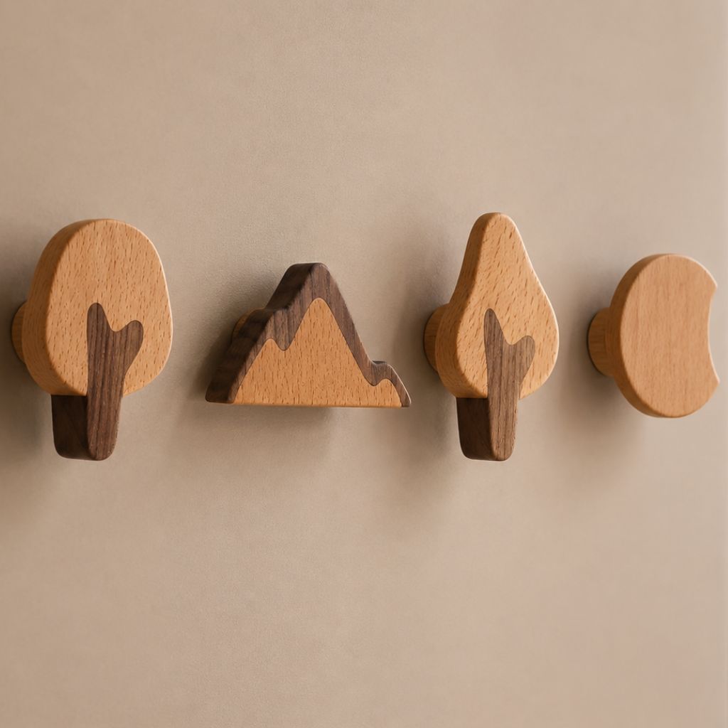 Set of 4 Natural Wood Adhesive Wall Hooks