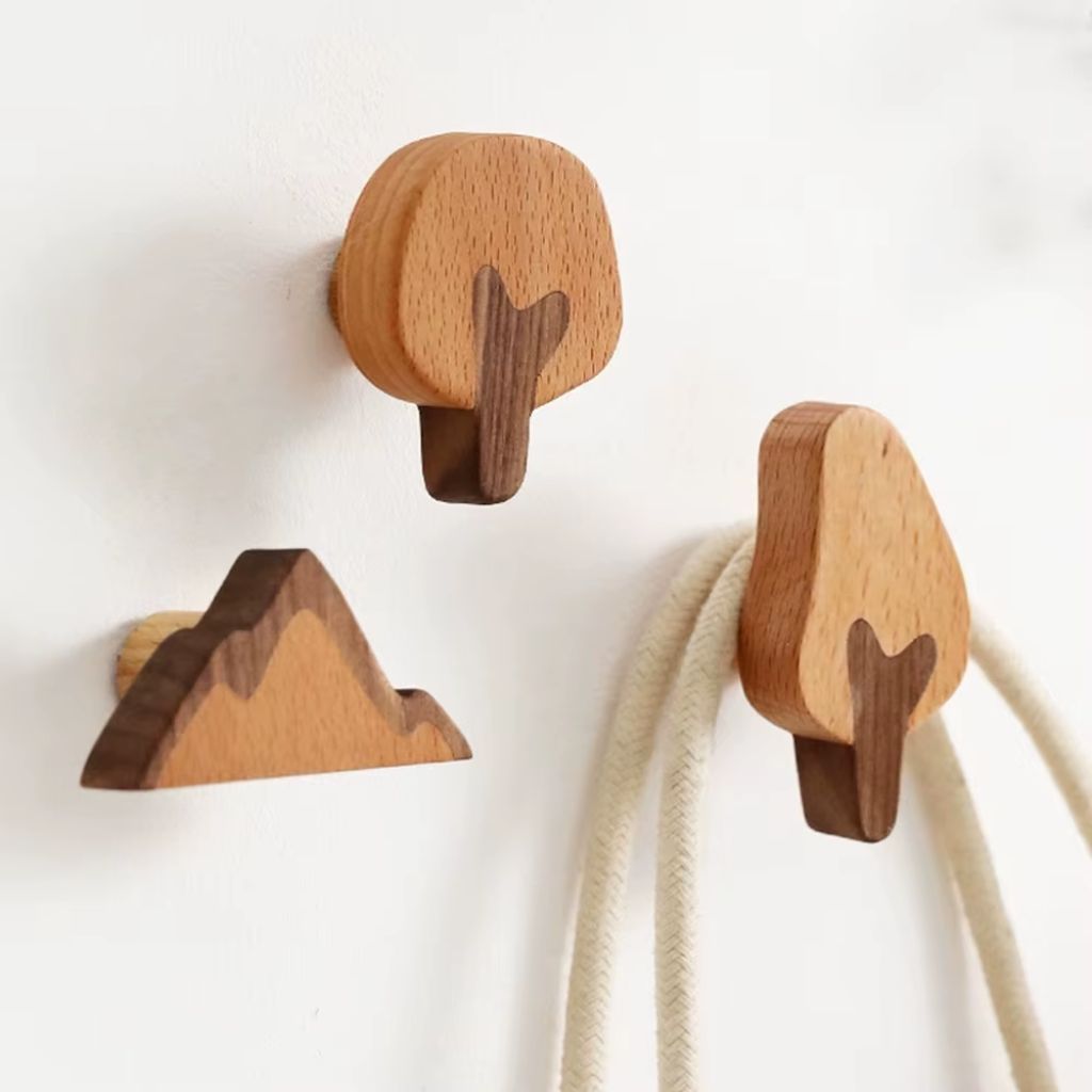 Set of 4 Natural Wood Adhesive Wall Hooks