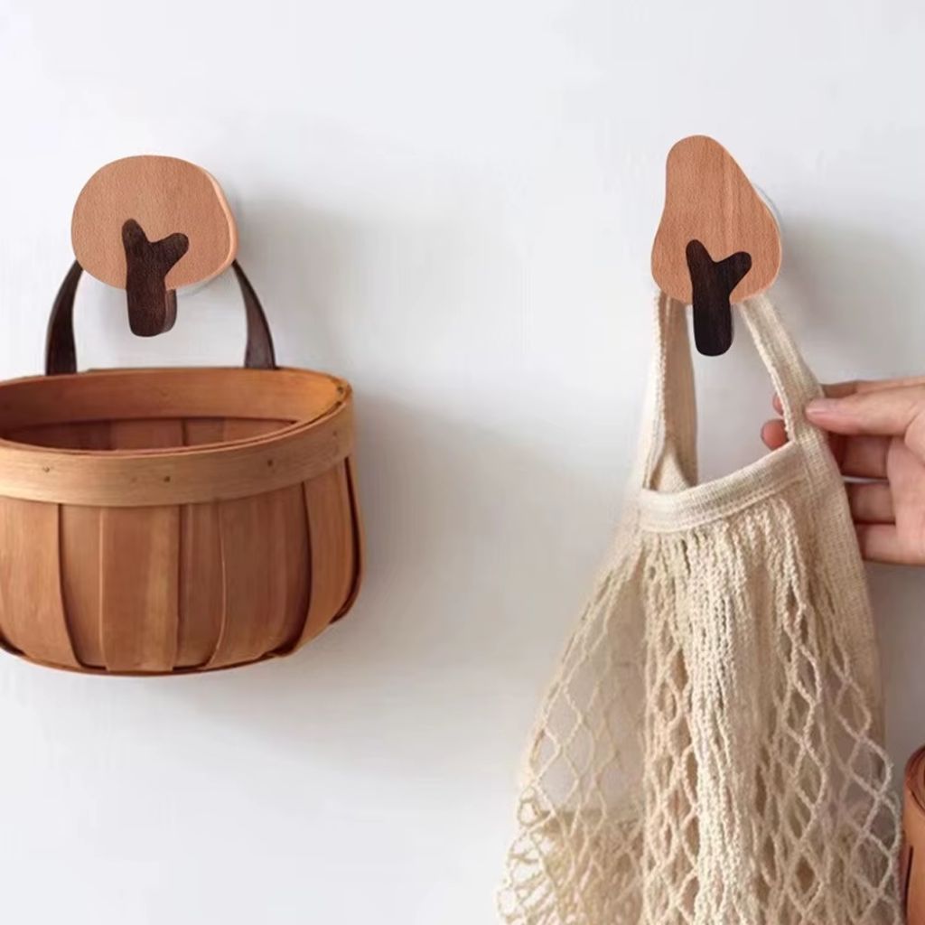 Set of 4 Natural Wood Adhesive Wall Hooks
