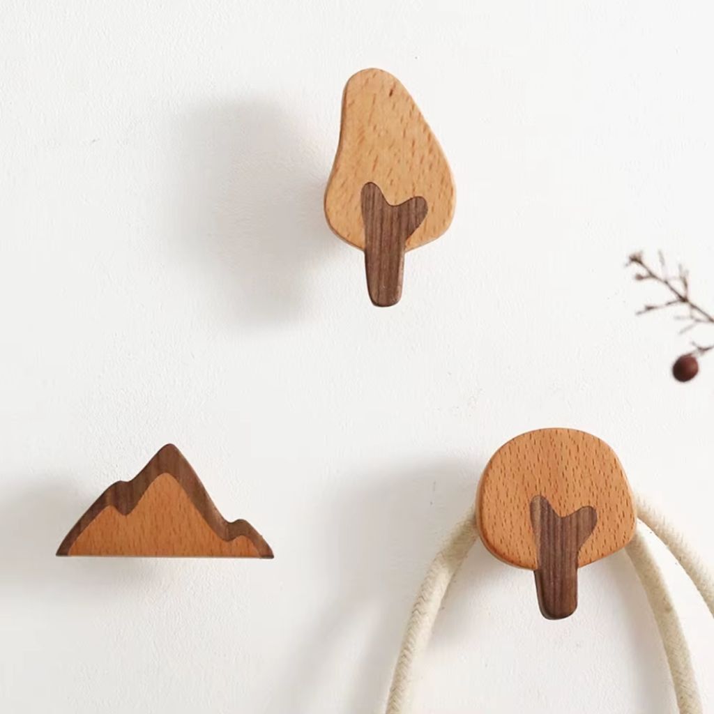 Set of 4 Natural Wood Adhesive Wall Hooks