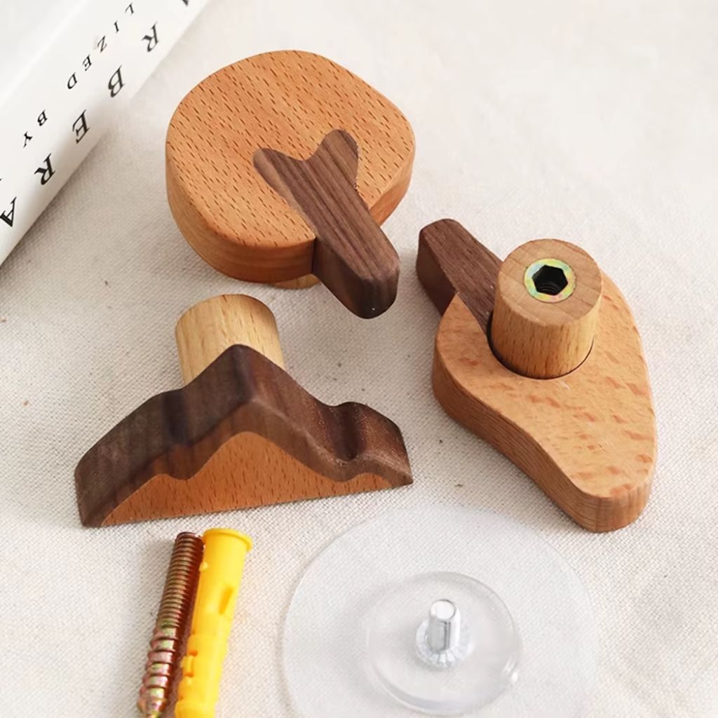 Set of 4 Natural Wood Adhesive Wall Hooks