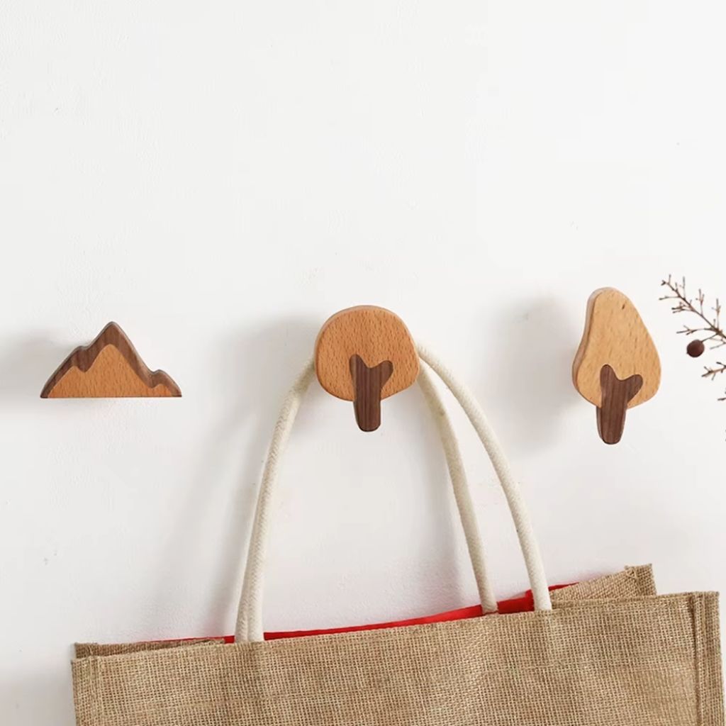 Set of 4 Natural Wood Adhesive Wall Hooks