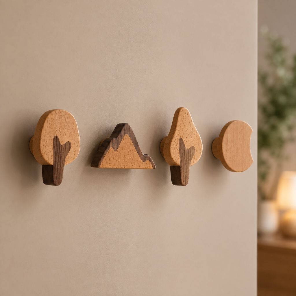 Set of 4 Natural Wood Adhesive Wall Hooks
