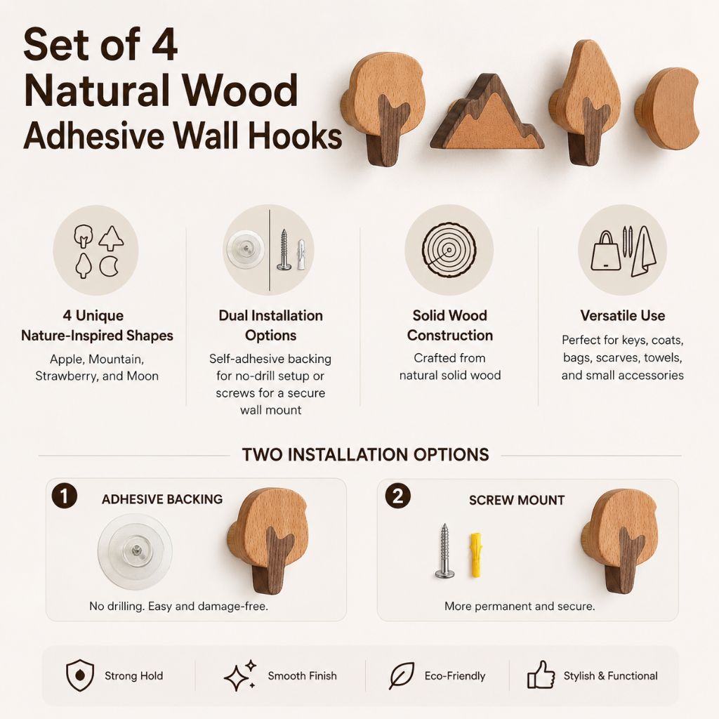 Set of 4 Natural Wood Adhesive Wall Hooks