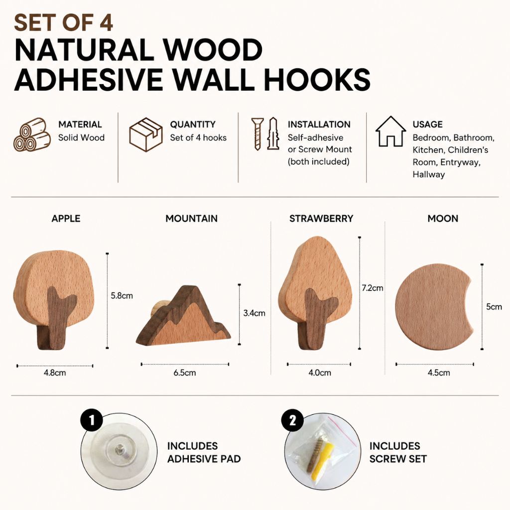 Set of 4 Natural Wood Adhesive Wall Hooks