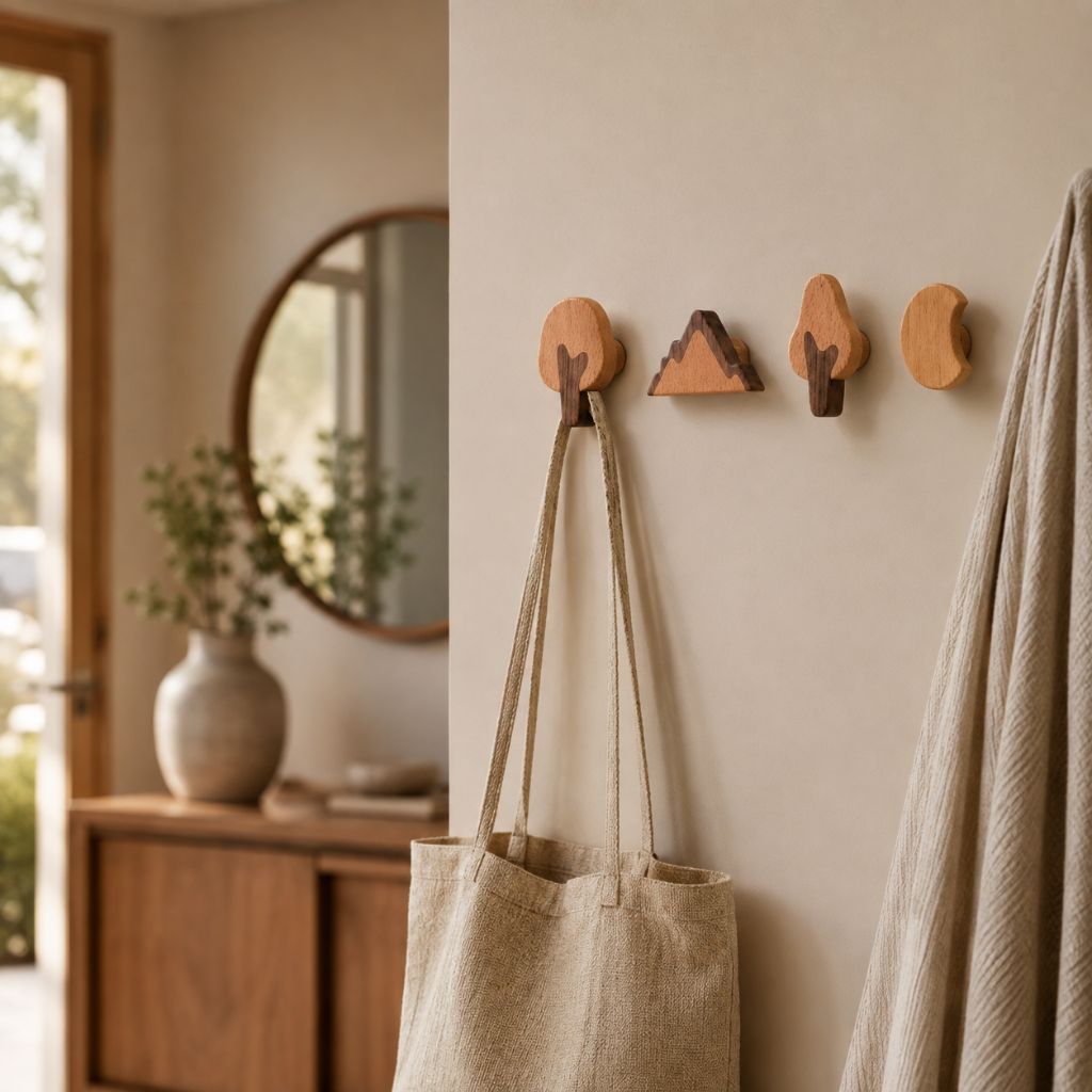 Set of 4 Natural Wood Adhesive Wall Hooks