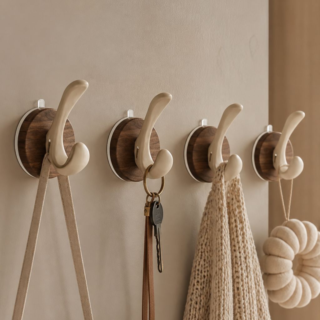 Set of 4 Wood Suction Cup Hooks No Drill Hidden Mount