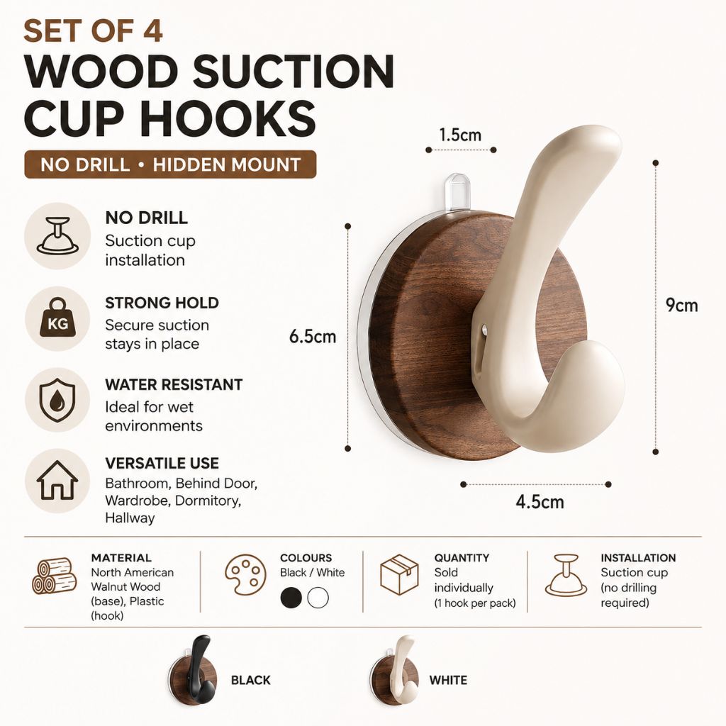 Set of 4 Wood Suction Cup Hooks No Drill Hidden Mount