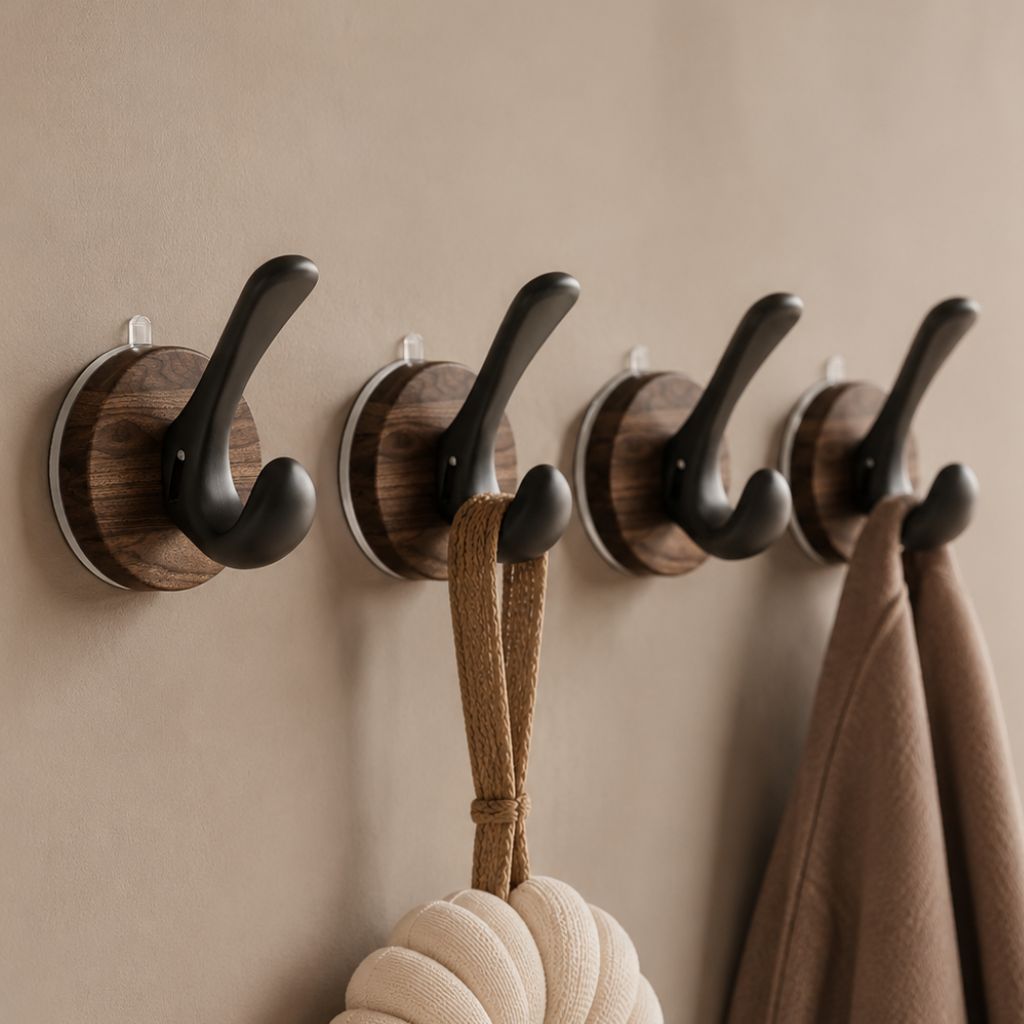 Set of 4 Wood Suction Cup Hooks No Drill Hidden Mount