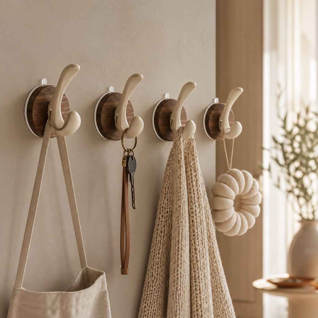 Set of 4 Wood Suction Cup Hooks No Drill Hidden Mount