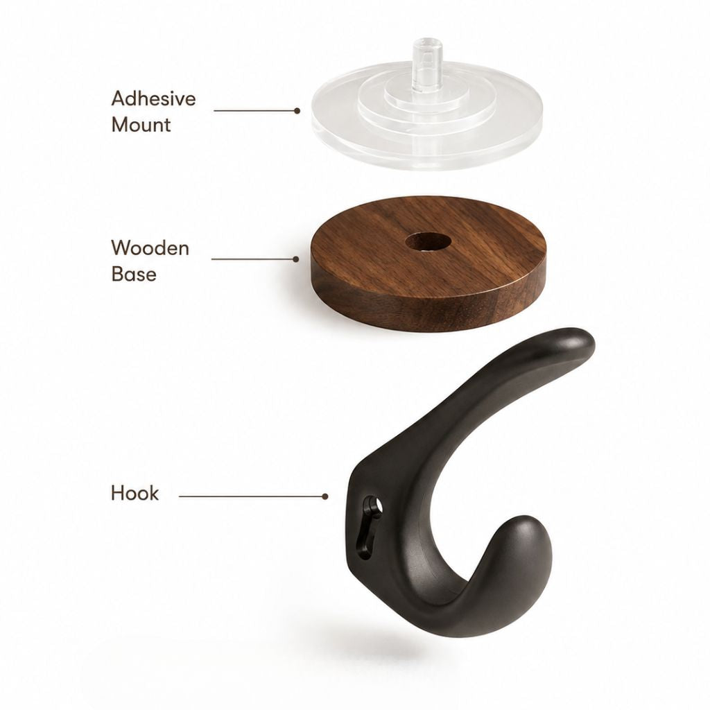 Set of 4 Wood Suction Cup Hooks No Drill Hidden Mount