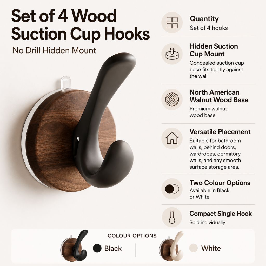 Set of 4 Wood Suction Cup Hooks No Drill Hidden Mount