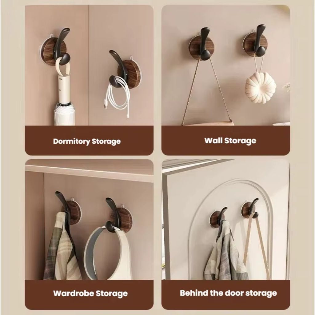 Set of 4 Wood Suction Cup Hooks No Drill Hidden Mount