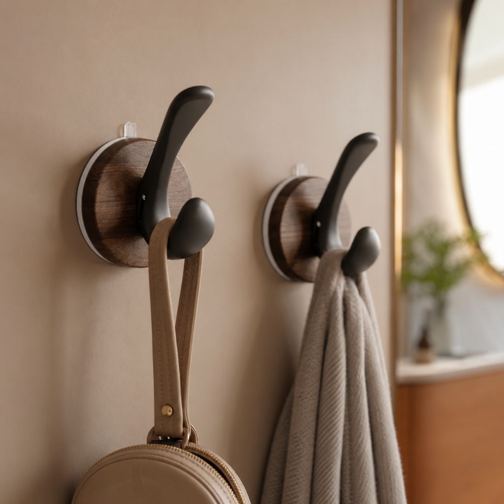 Set of 4 Wood Suction Cup Hooks No Drill Hidden Mount